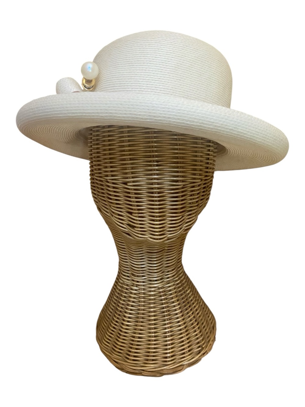 Vintage Women’s Cream Straw Boater Hat With Bow And Pearl Hat Pin 90s Style